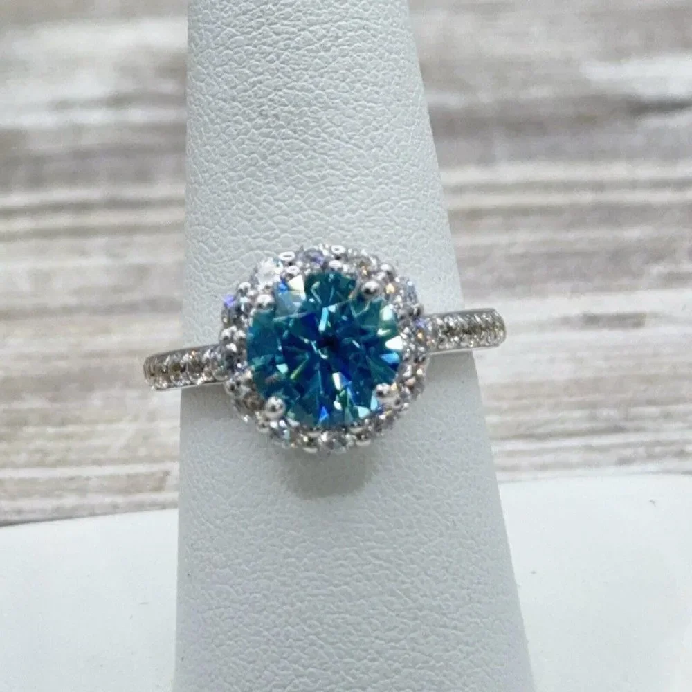 Sterling Silver Ring Sky Blue CZ Faceted Solitaire Halo Clear CZ Size 7.75 Prong - Picture 4 of 14